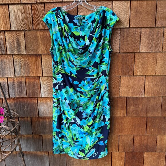 EUC Ralph Lauren Flora Sleeveless Drape Neckline Side Ruching Dress - Women's 16 - Picture 1 of 11